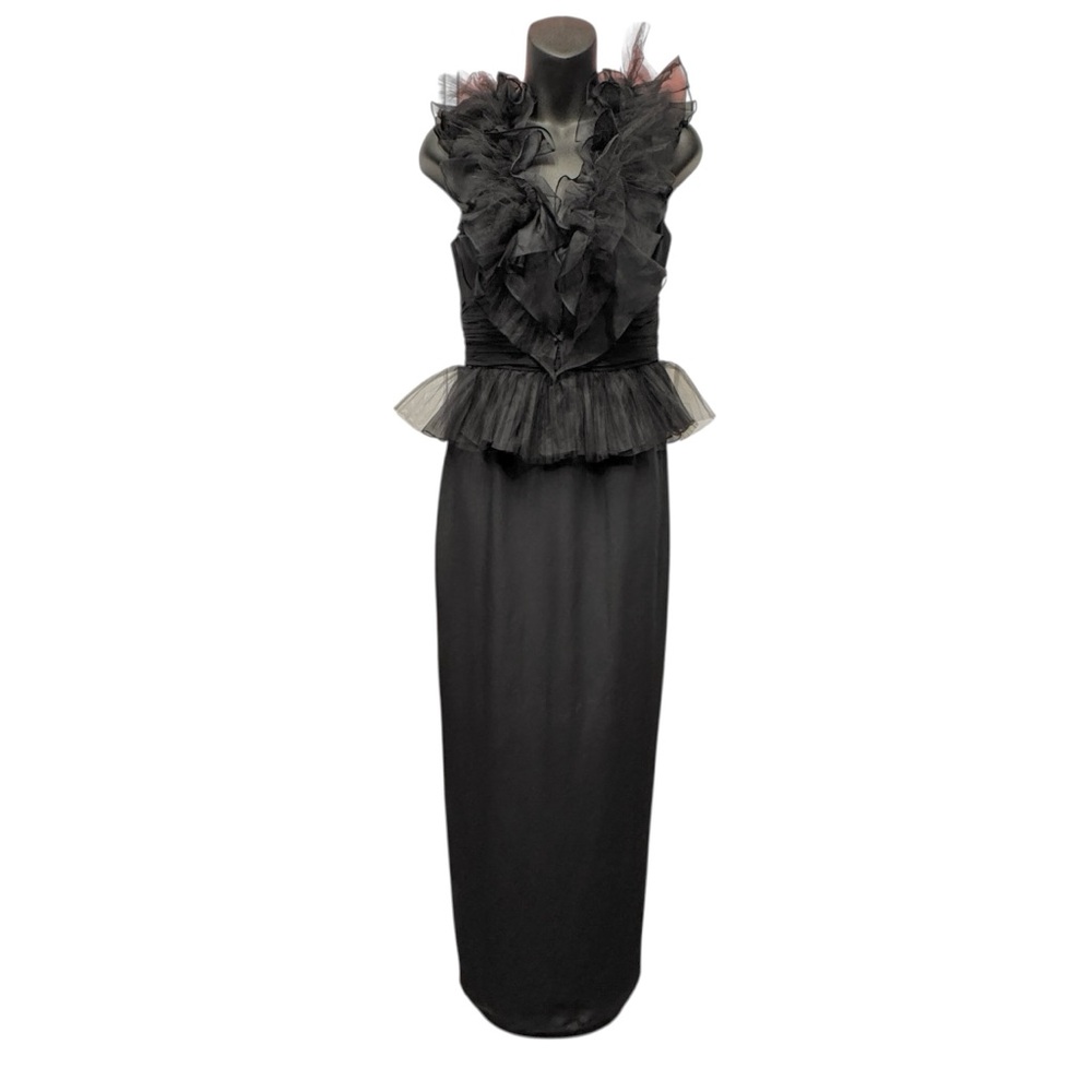 Marchesa Notte Black Silk Ruffle Peplum Maxi Column Gown Size 4 Sophisticated - Picture 2 of 14